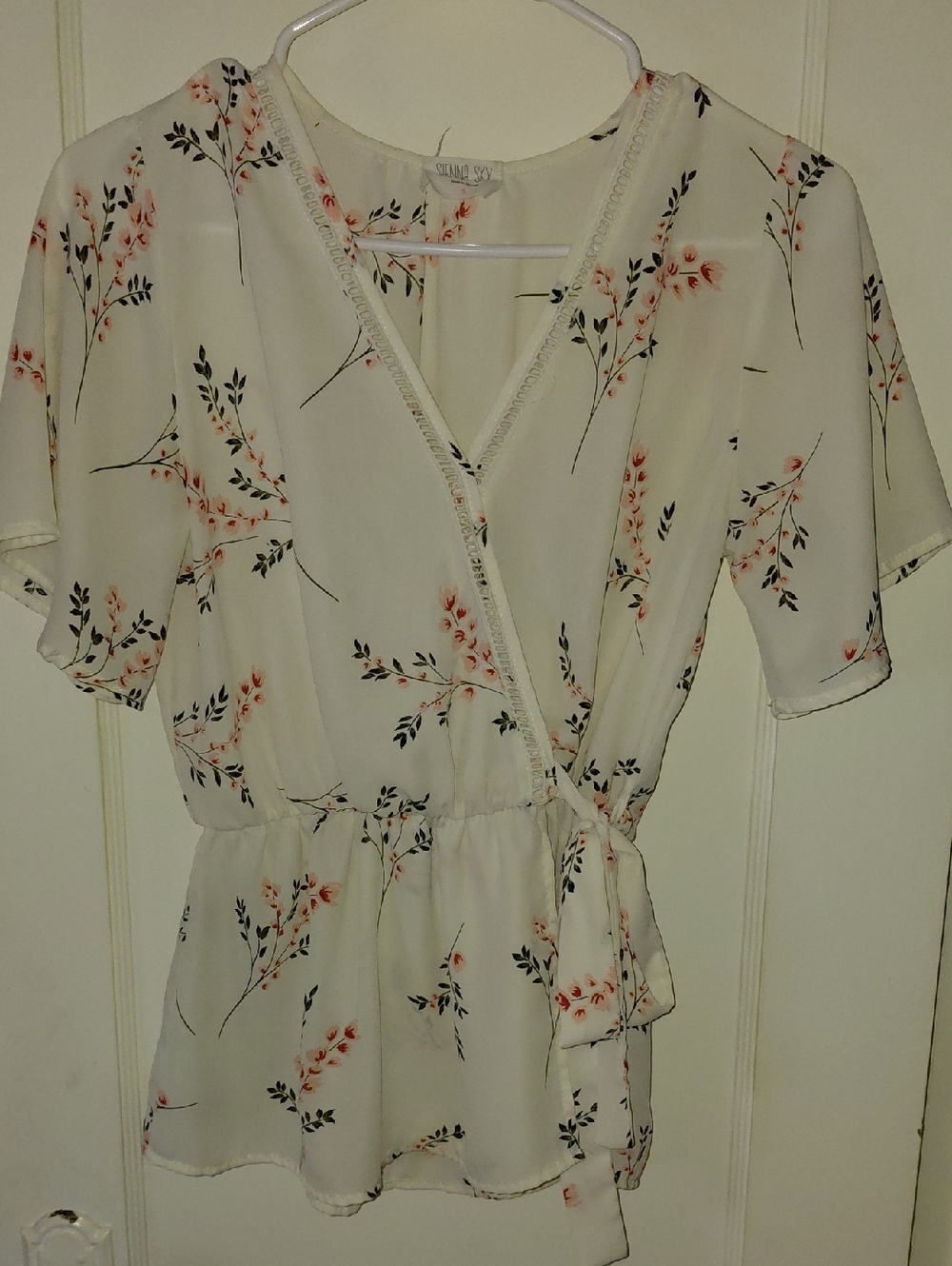 Sienna Sky Cream Floral V-Neck Blouse with Coral & Black Details